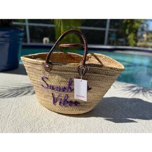 Poolside Beach Woven Straw Leather Tote Bag Sunshine Vibes Purple Essaouira NWT